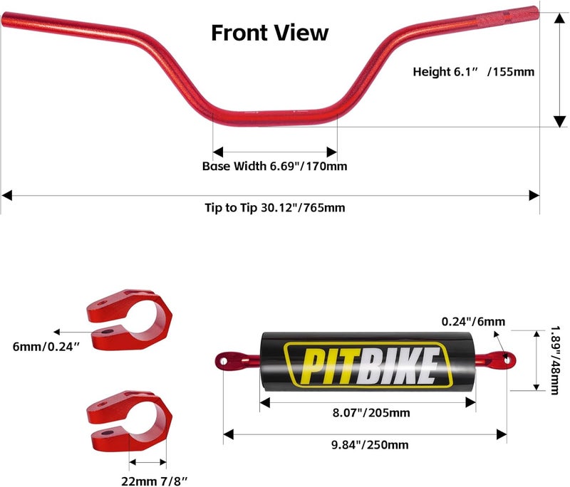 DAYIMADE 7/8" Pit Bike Handlebars with Foam Pad – Motorcycle Handlebars for CRF YZF KXF KLX RMZ DRZ Dirt Bikes, ATV, Quad, E-Bike Mods,T6 Aluminum 7/8 Motorcycle Handlebar Upgrade (Red) - Image 3